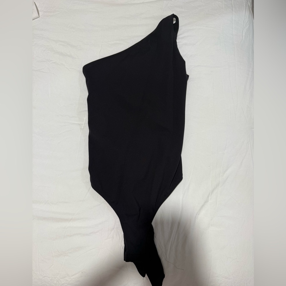 Black one shoulder body suit